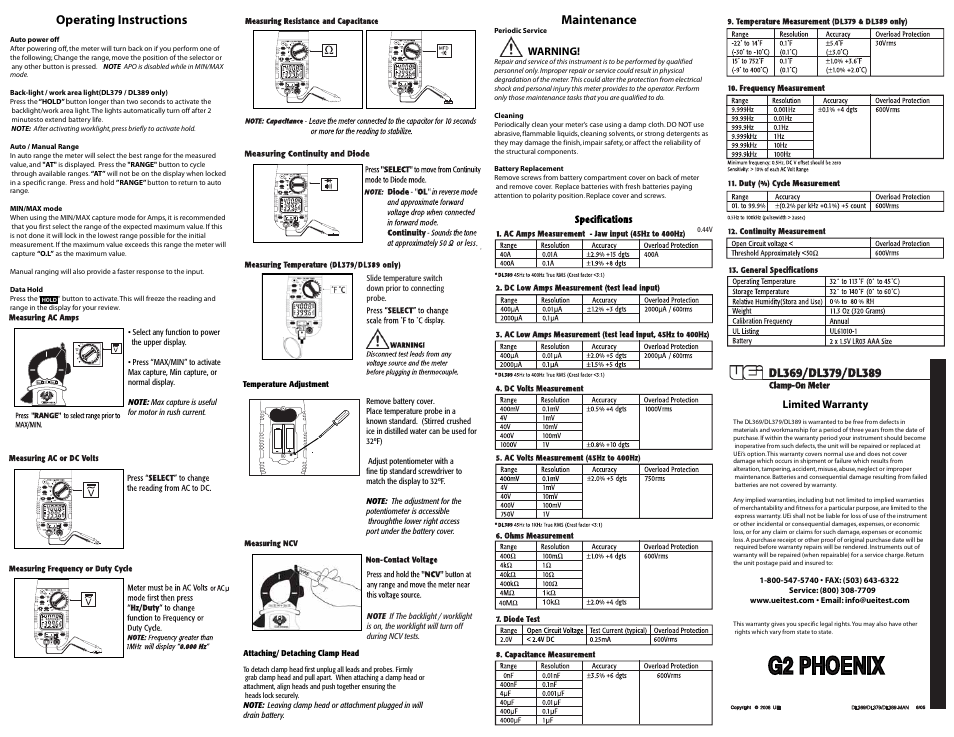 Operating instructions, Maintenance | UEi Test Instruments HVACKIT PRO User Manual | Page 2 / 2