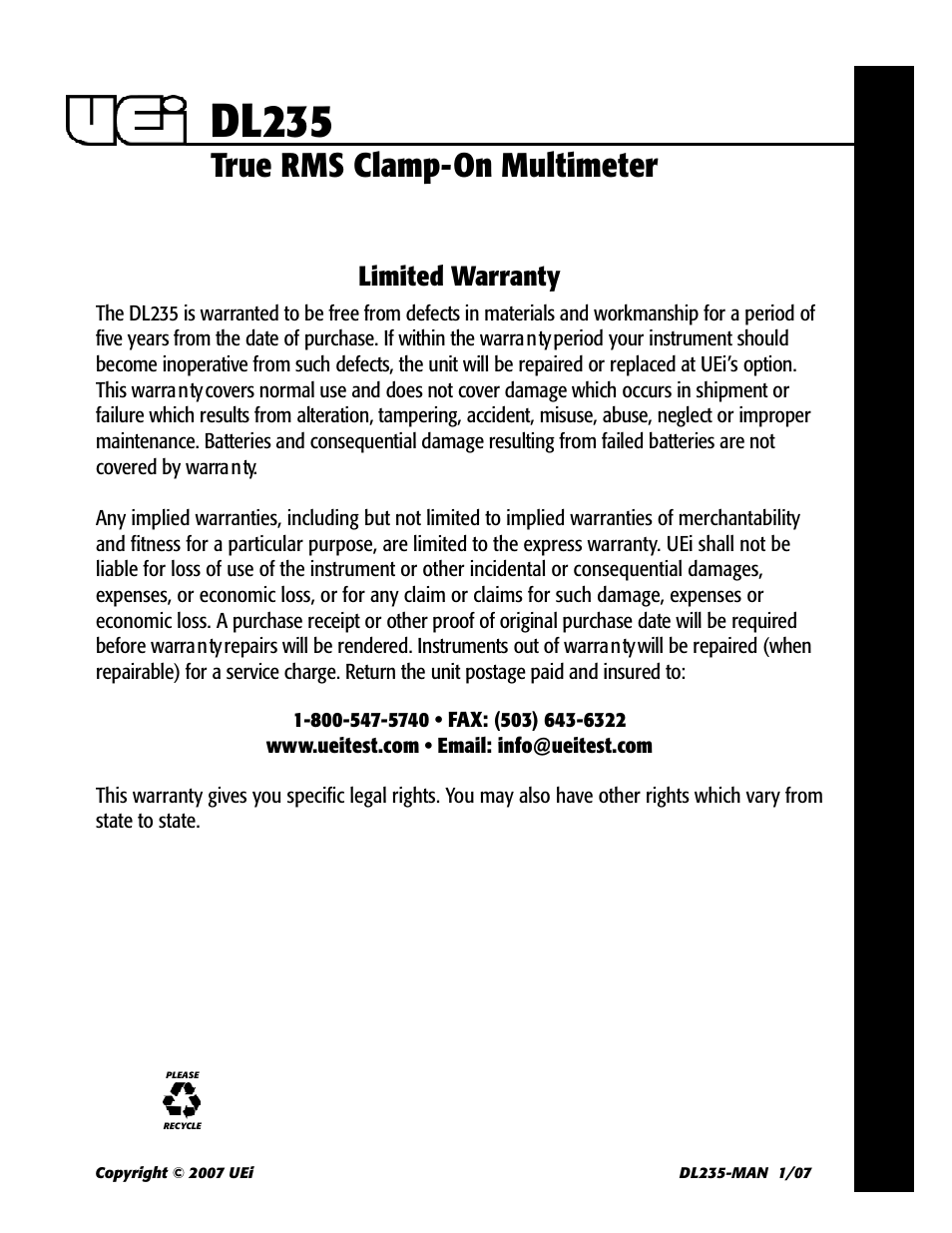 Dl235, True rms clamp-on multimeter, Limited warranty | UEi Test Instruments DL235 User Manual | Page 12 / 12