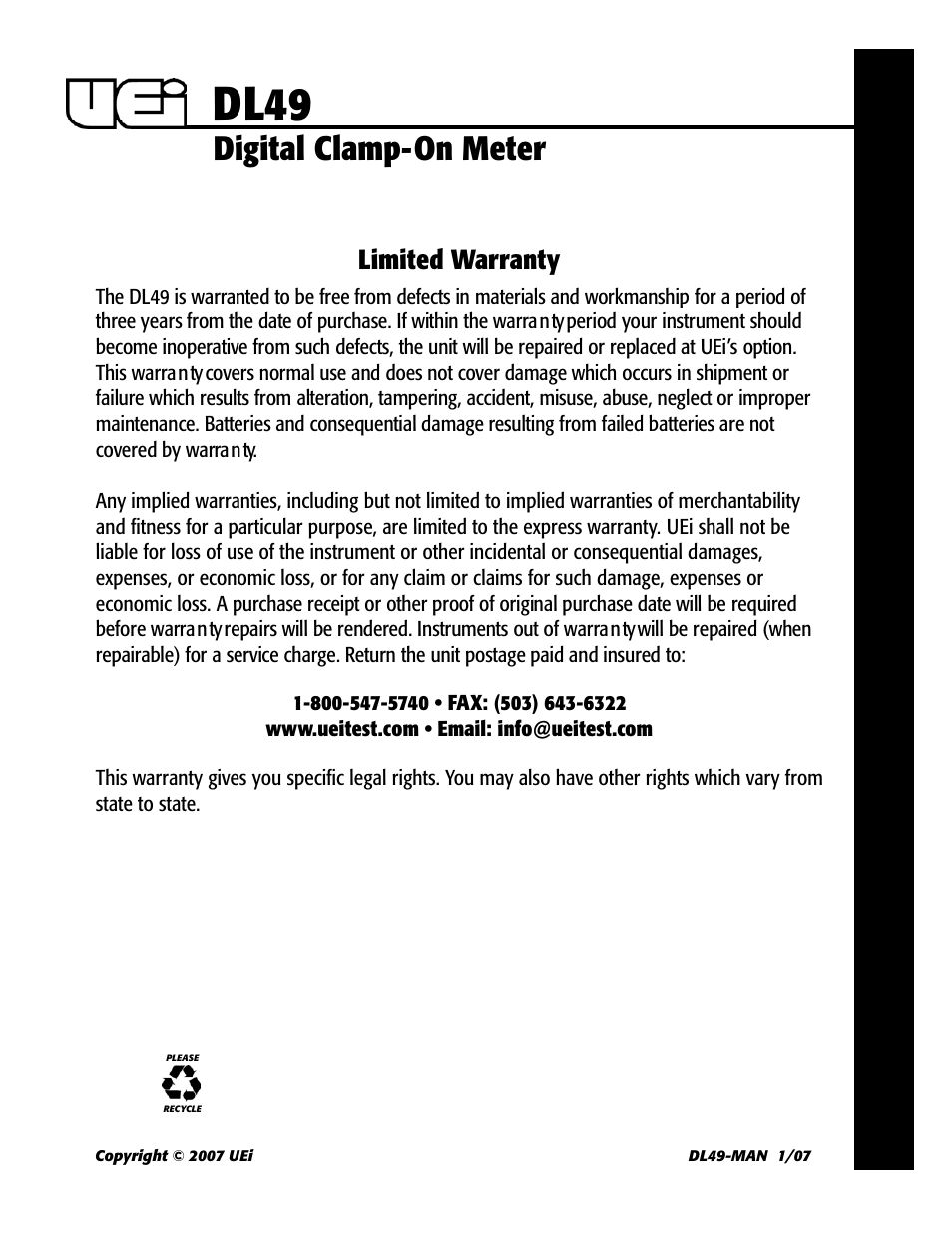 Dl49, Digital clamp-on meter, Limited warranty | UEi Test Instruments DL49 User Manual | Page 7 / 7