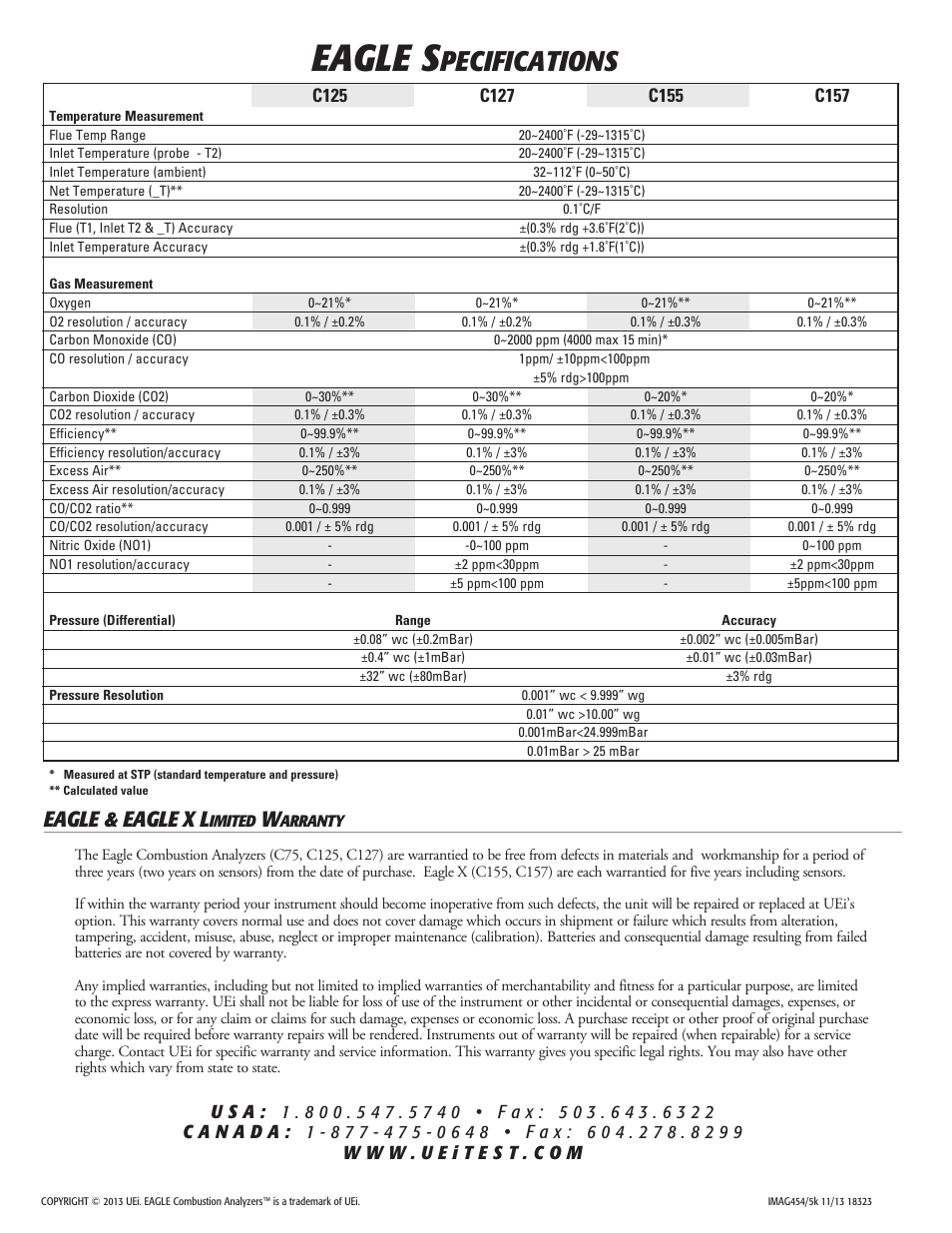 Eagle s, Pecifications, Eagle & eagle x l | UEi Test Instruments C157OILKIT User Manual | Page 16 / 16