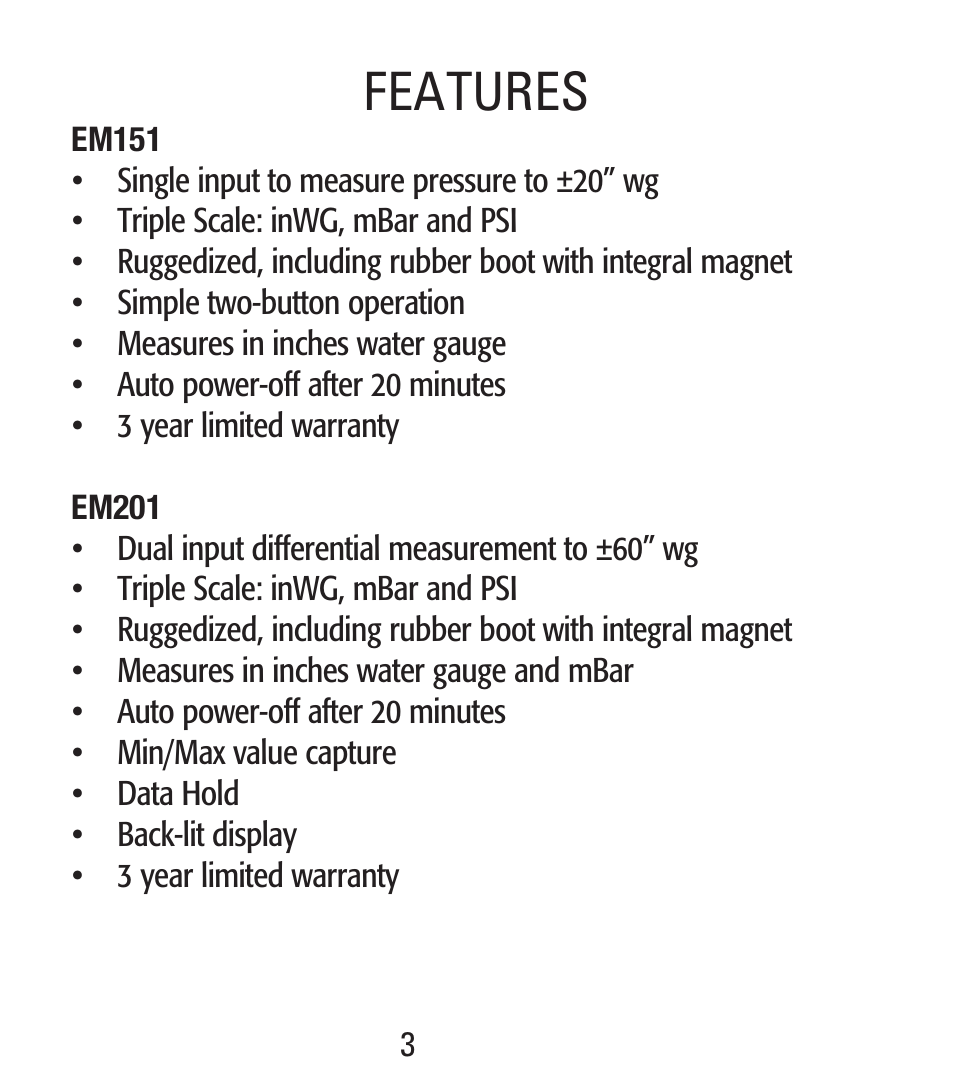 Features | UEi Test Instruments EM201SPKIT User Manual | Page 4 / 12