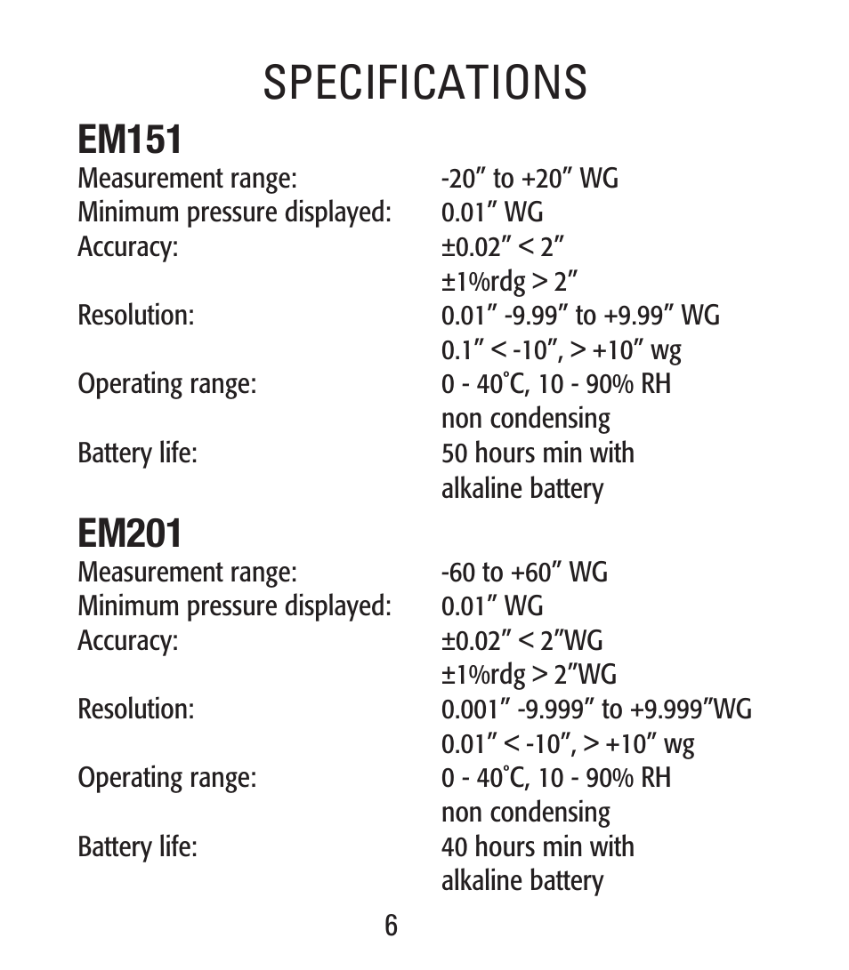 Specifications, Em151, Em201 | UEi Test Instruments EM201SPKIT User Manual | Page 7 / 12
