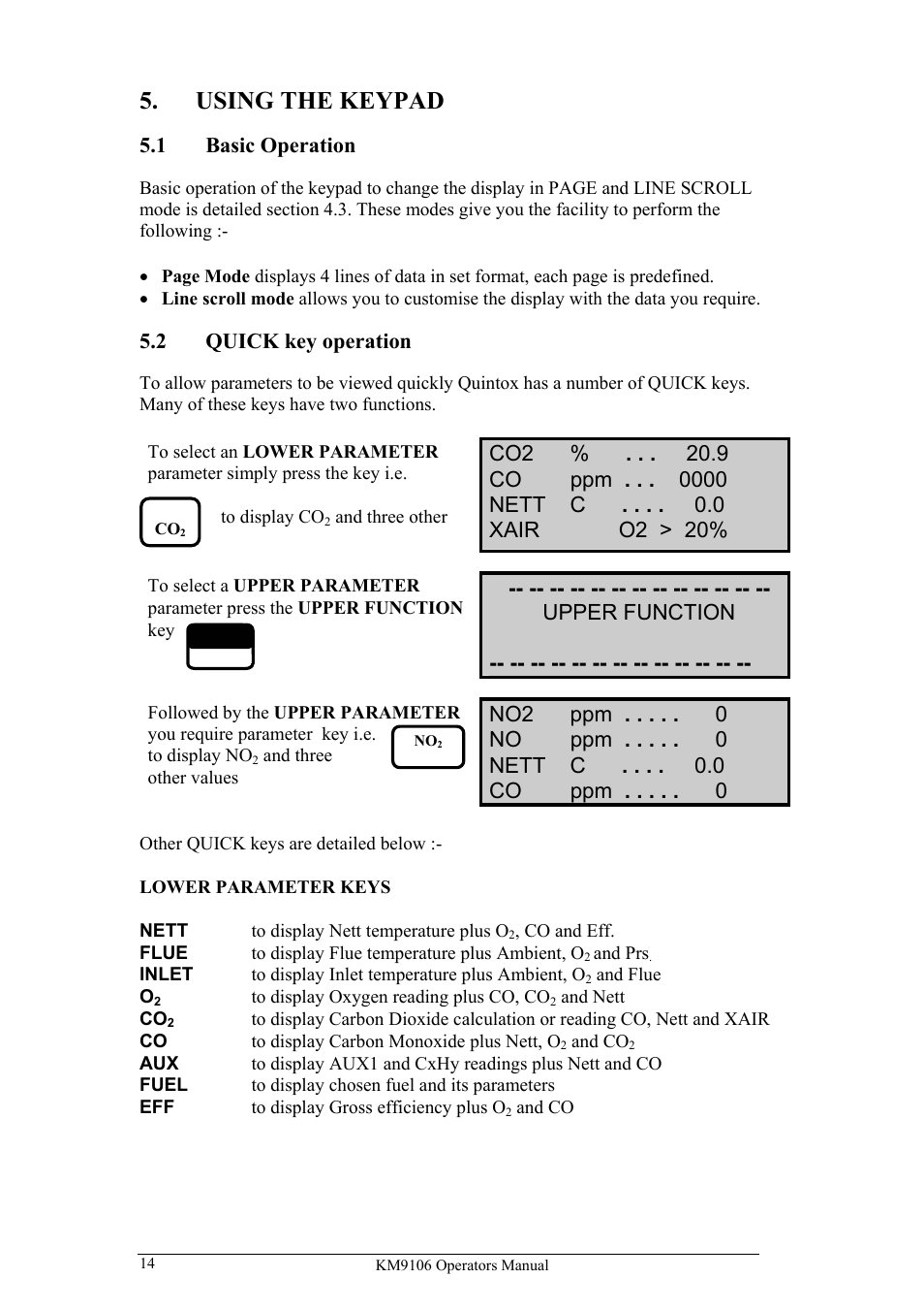 Using the keypad, 1 basic operation, 2 quick key operation | Upper function, No2 ppm no ppm nett c co ppm | UEi Test Instruments KM9106/P User Manual | Page 14 / 67