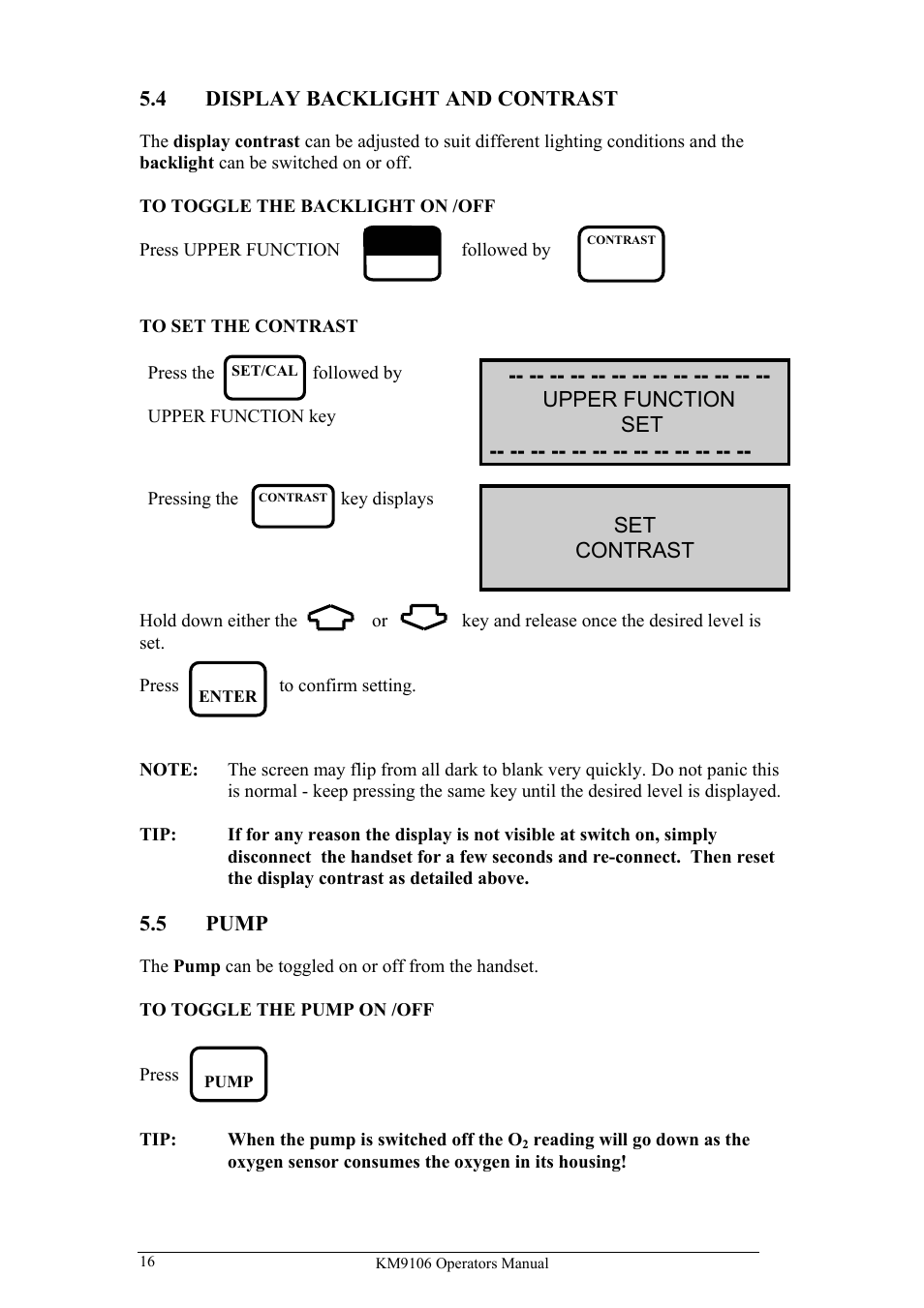 4 display backlight and contrast, Upper function set, Set contrast | 5 pump | UEi Test Instruments KM9106/P User Manual | Page 16 / 67