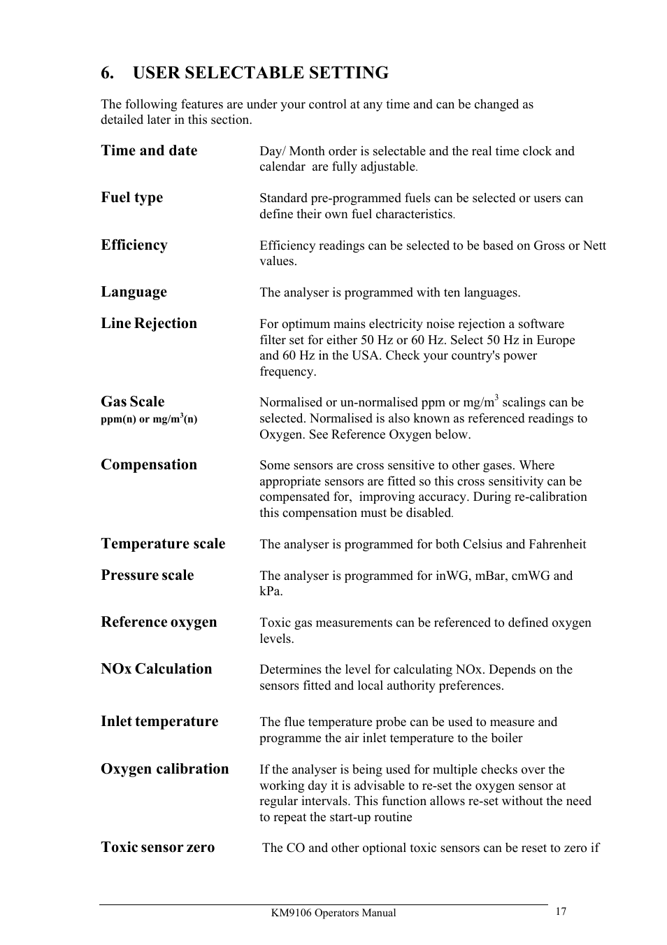 User selectable setting, Time and date, Fuel type | Efficiency, Language, Line, Rejection, Scale, Compensation, Temperature scale | UEi Test Instruments KM9106/P User Manual | Page 17 / 67