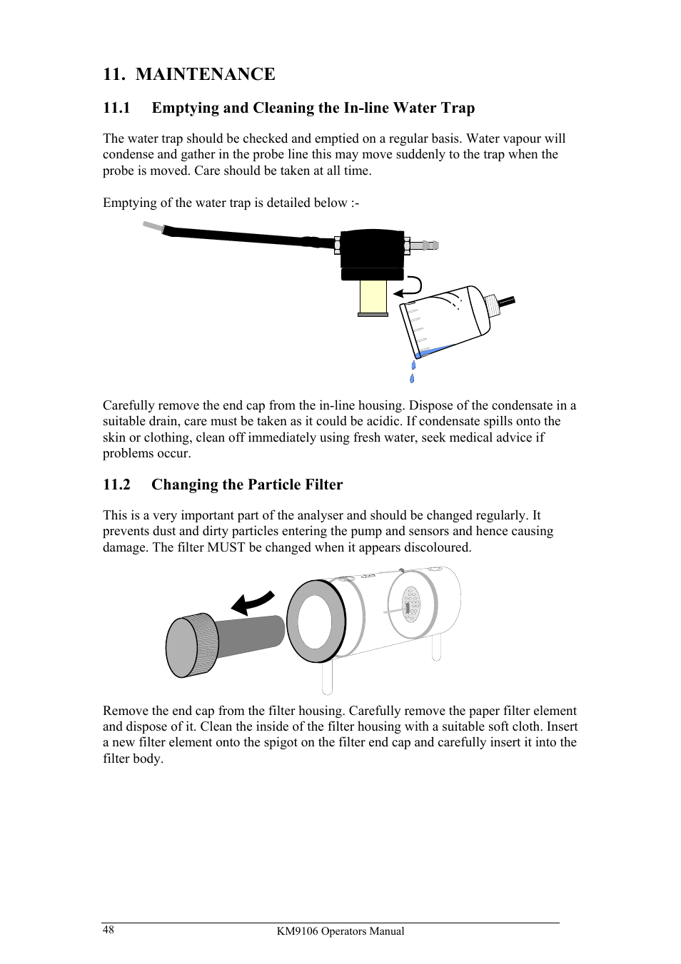 Maintenance, 1 emptying and cleaning the in-line water trap, 2 changing the particle filter | UEi Test Instruments KM9106/P User Manual | Page 48 / 67