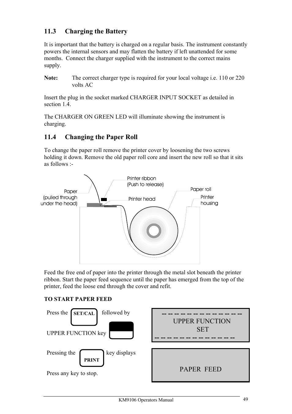 3 charging the battery, 4 changing the paper roll, Upper function set | Paper feed | UEi Test Instruments KM9106/P User Manual | Page 49 / 67