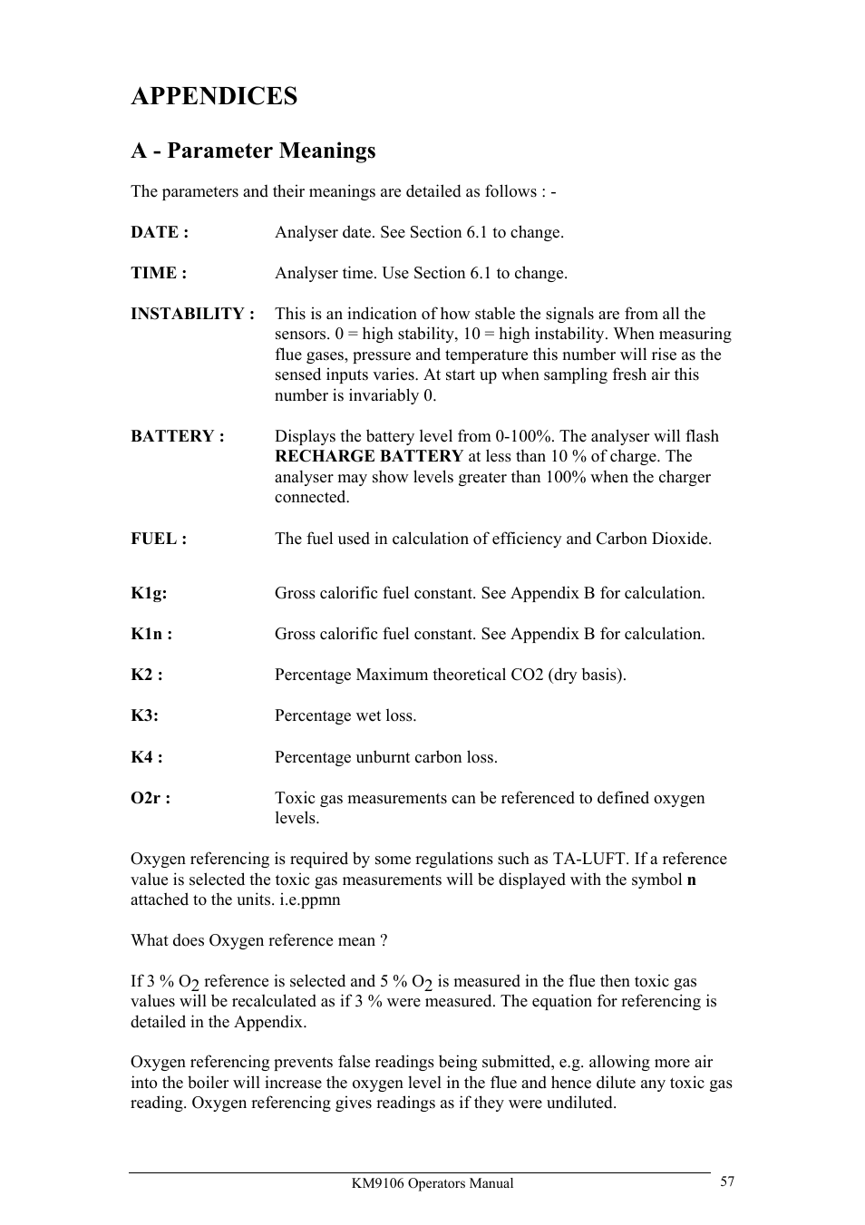 Appendices, A - parameter meanings | UEi Test Instruments KM9106/P User Manual | Page 57 / 67