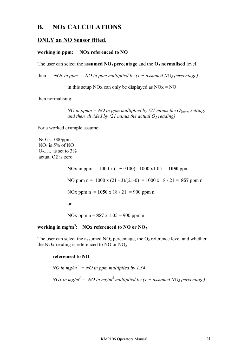B. nox calculations, Only an no sensor fitted | UEi Test Instruments KM9106/P User Manual | Page 61 / 67