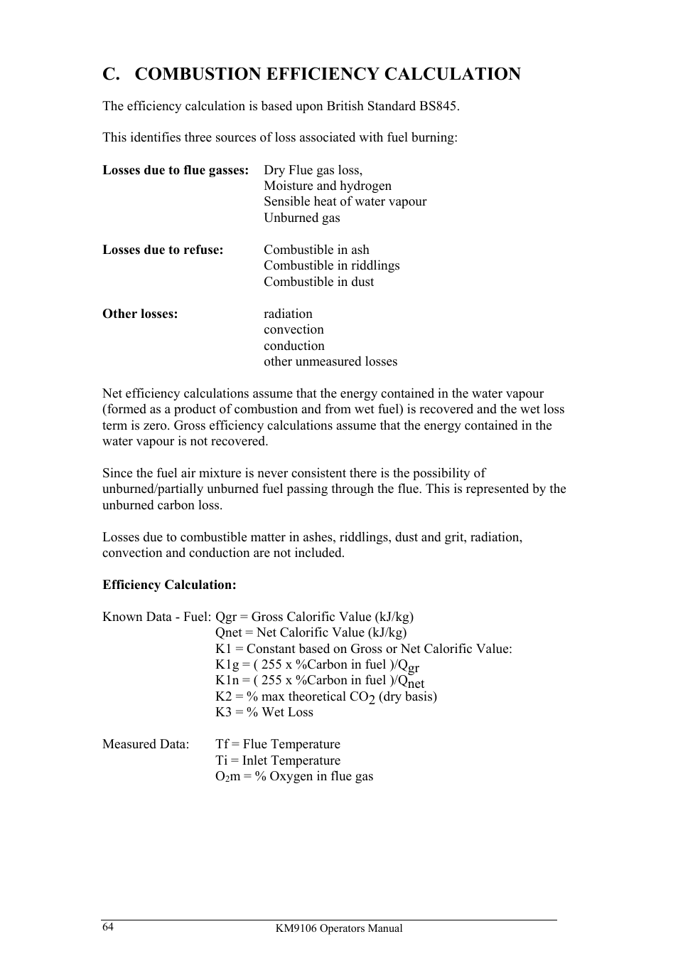 C. combustion efficiency calculation | UEi Test Instruments KM9106/P User Manual | Page 64 / 67