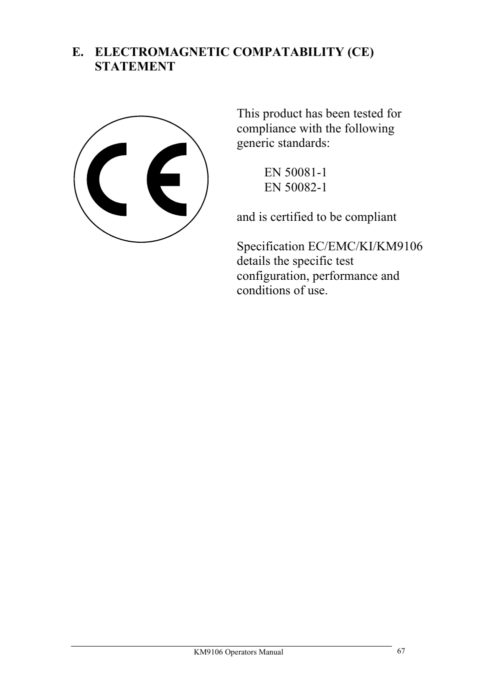 E. electromagnetic compatability (ce) statement | UEi Test Instruments KM9106/P User Manual | Page 67 / 67