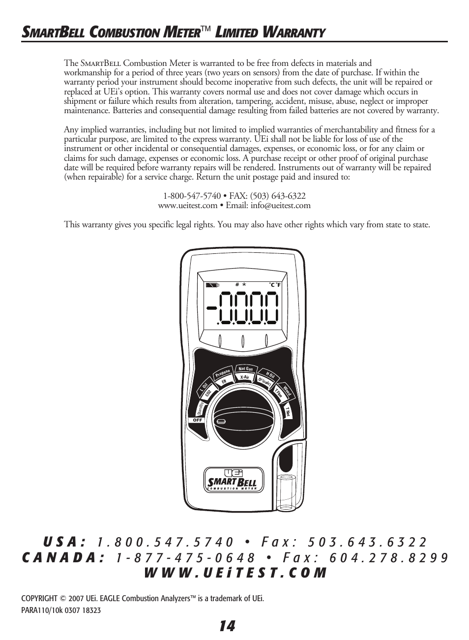 Mart, Ombustion, Eter | Imited, Arranty | UEi Test Instruments SMART BELL User Manual | Page 16 / 16