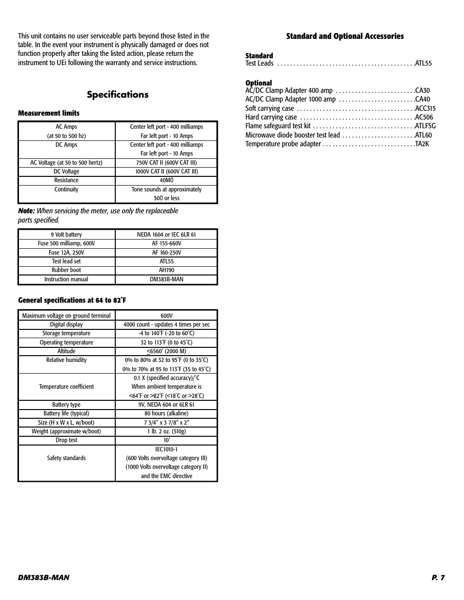 Standard and optional accessories | UEi Test Instruments DM383B User Manual | Page 8 / 9