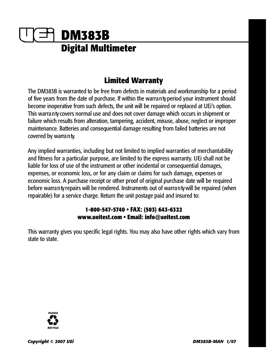 Dm383b, Digital multimeter, Limited warranty | UEi Test Instruments DM383B User Manual | Page 9 / 9