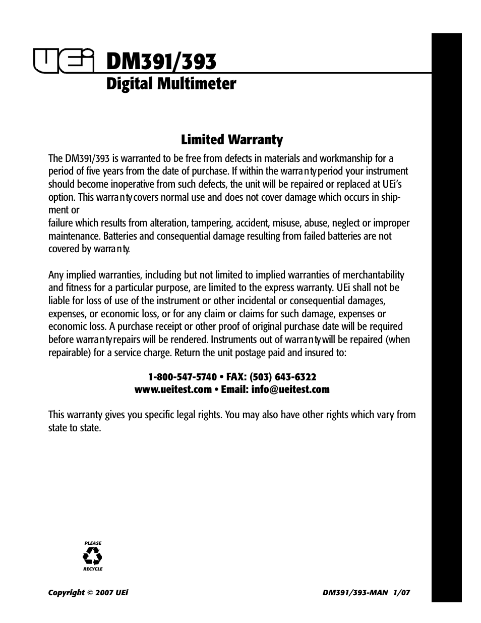Digital multimeter, Limited warranty | UEi Test Instruments DM393 User Manual | Page 11 / 11