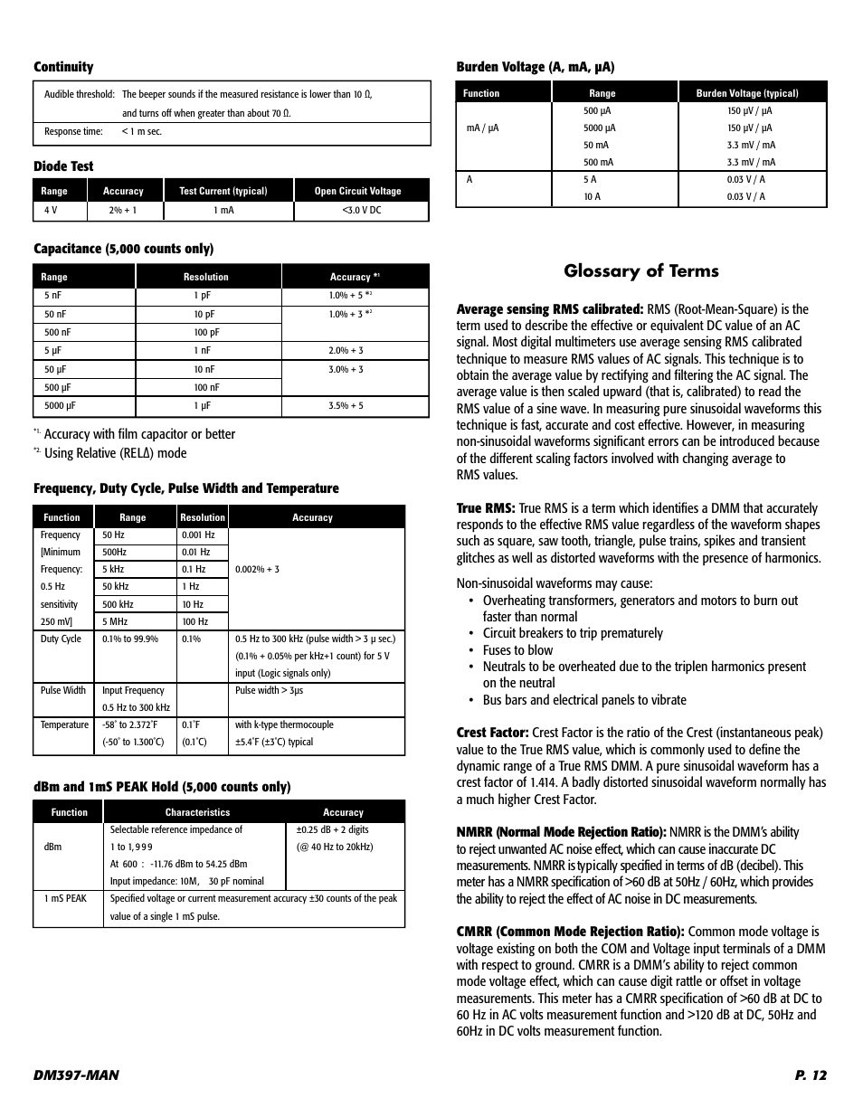 Accuracy with film capacitor or better | UEi Test Instruments DM397 User Manual | Page 13 / 15