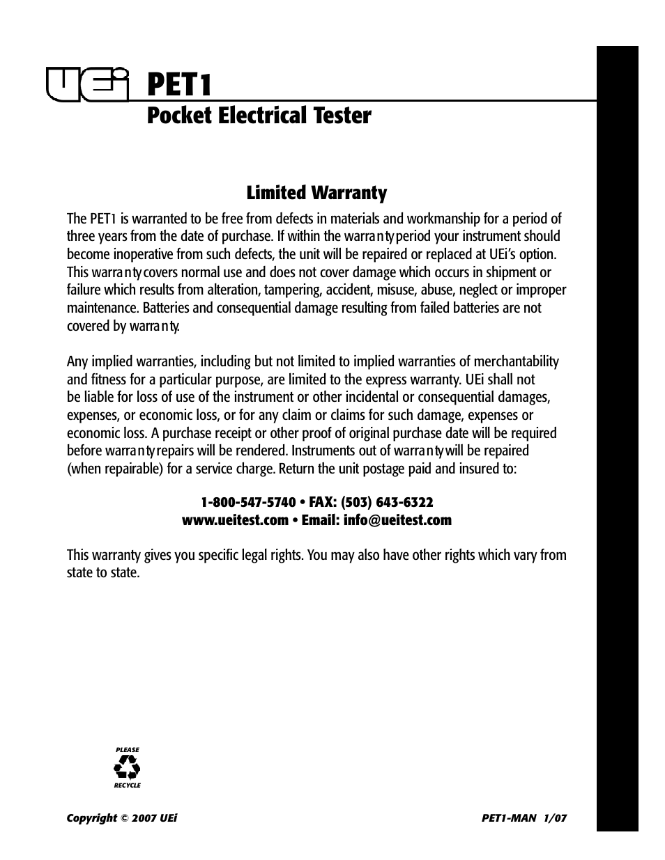 Pet1, Pocket electrical tester, Limited warranty | UEi Test Instruments PET1 User Manual | Page 5 / 5