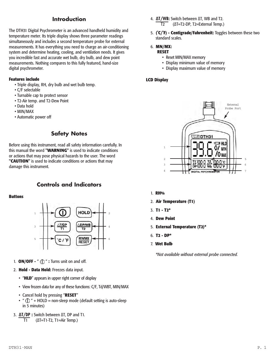 Introduction, Controls and indicators | UEi Test Instruments DTH31 User Manual | Page 2 / 5