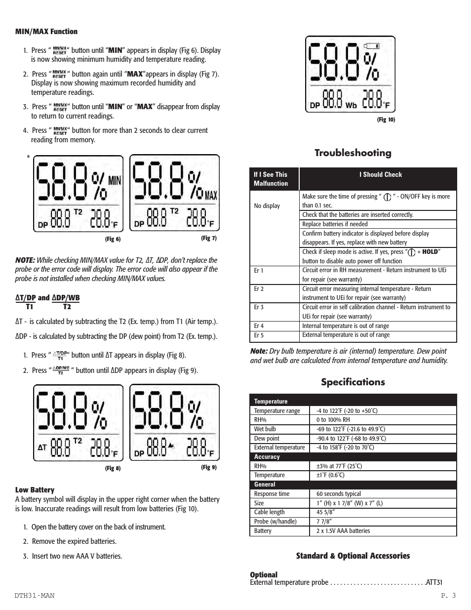 Troubleshooting, Specifications | UEi Test Instruments DTH31 User Manual | Page 4 / 5