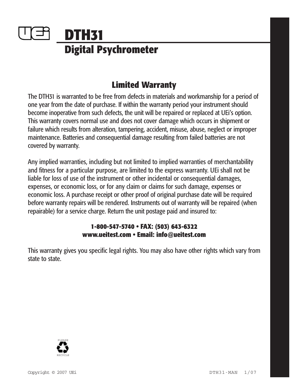 Dth31, Digital psychrometer, Limited warranty | UEi Test Instruments DTH31 User Manual | Page 5 / 5