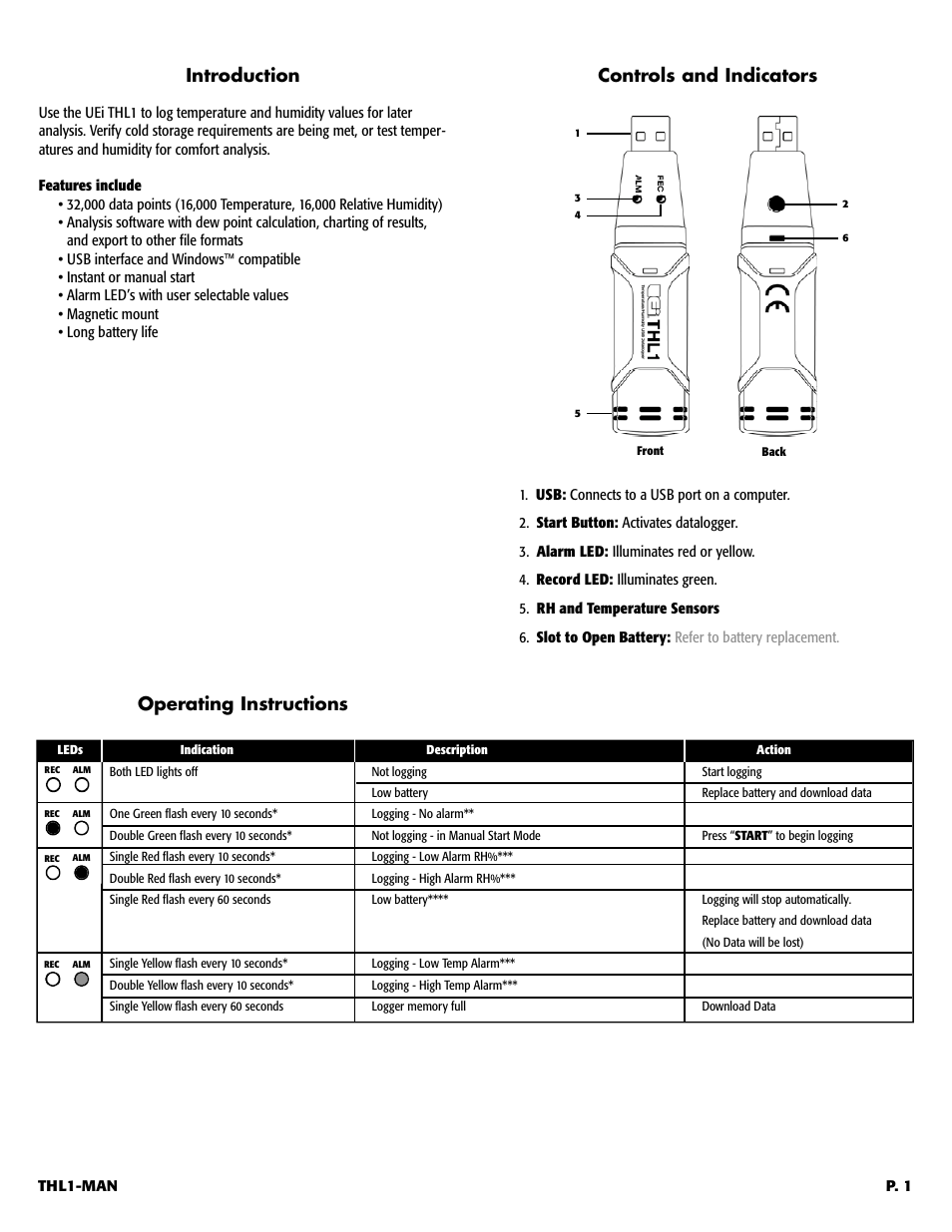 Introduction, Operating instructions | UEi Test Instruments THL1 User Manual | Page 2 / 5