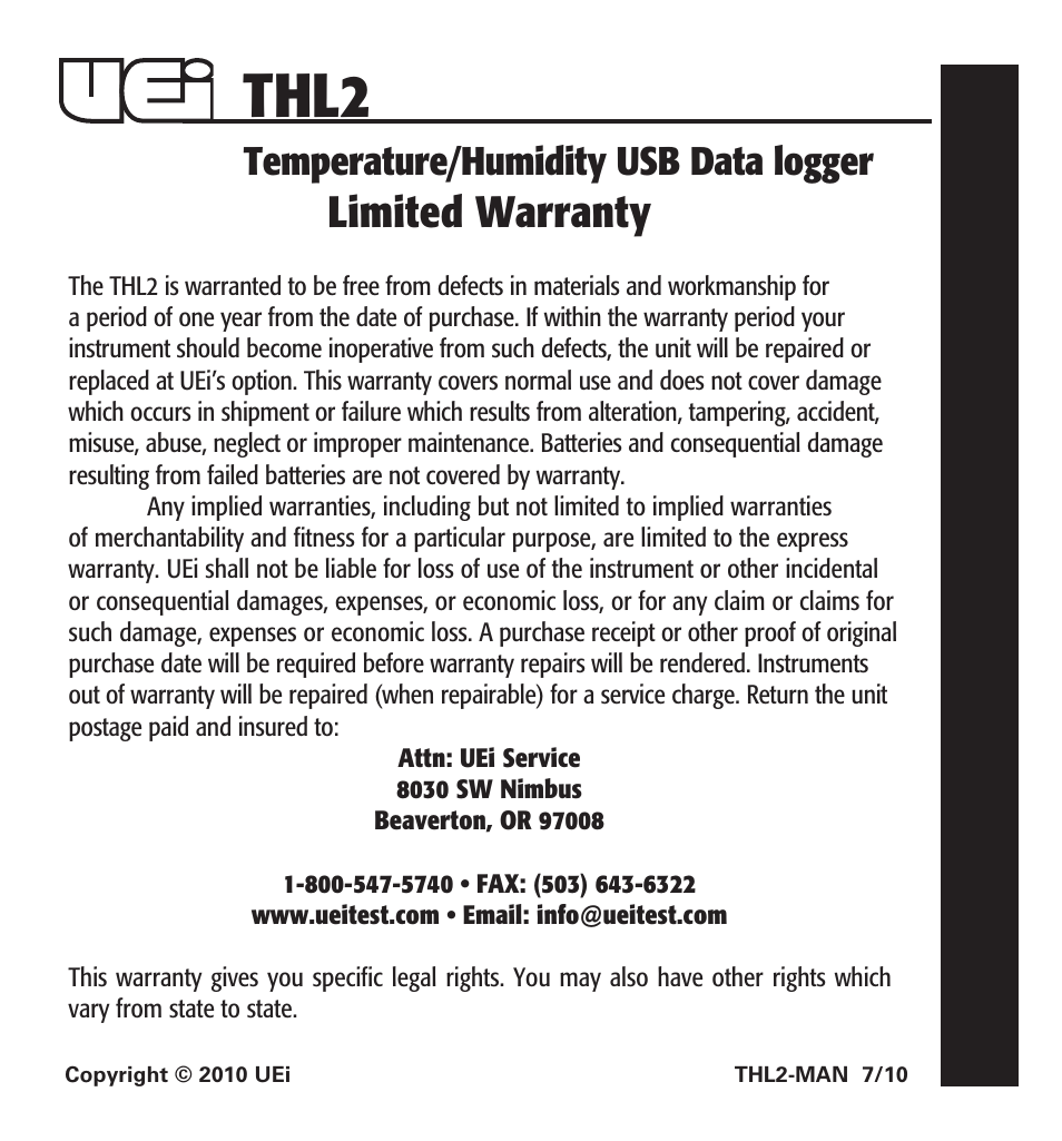 Thl2, Limited warranty, Temperature/humidity usb data logger | UEi Test Instruments THL2 User Manual | Page 12 / 12