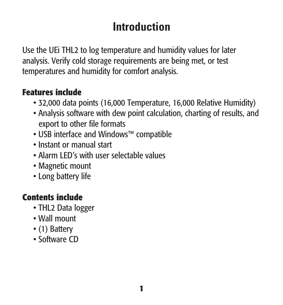 Introduction | UEi Test Instruments THL2 User Manual | Page 2 / 12