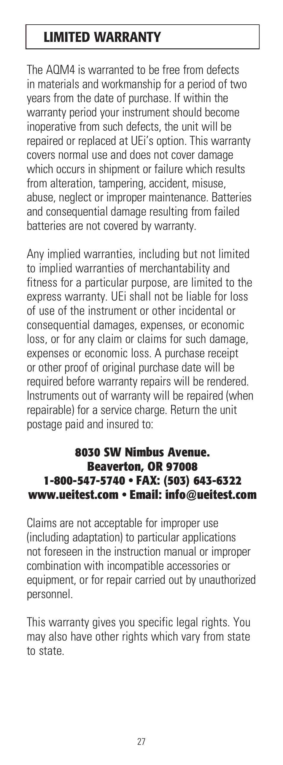 UEi Test Instruments AQM4 User Manual | Page 28 / 28