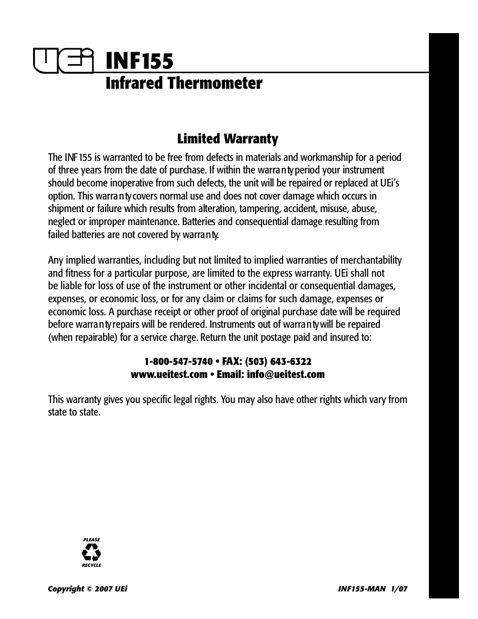 Inf155, Infrared thermometer, Limited warranty | UEi Test Instruments INF155 User Manual | Page 6 / 6