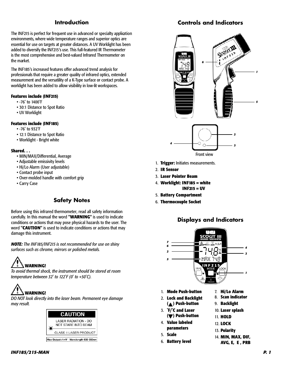 Introduction, Displays and indicators | UEi Test Instruments INF215 User Manual | Page 2 / 6