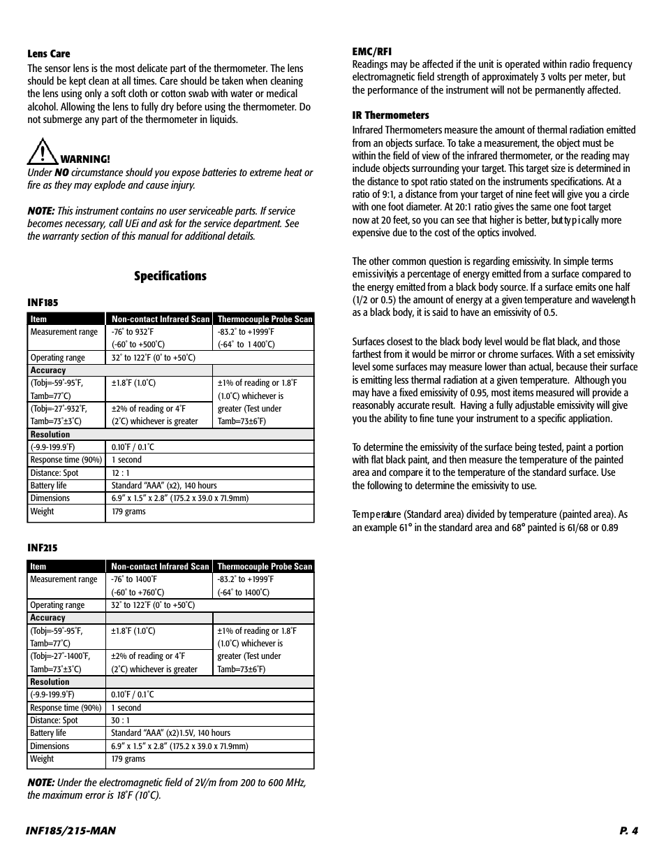 Specifications | UEi Test Instruments INF215 User Manual | Page 5 / 6