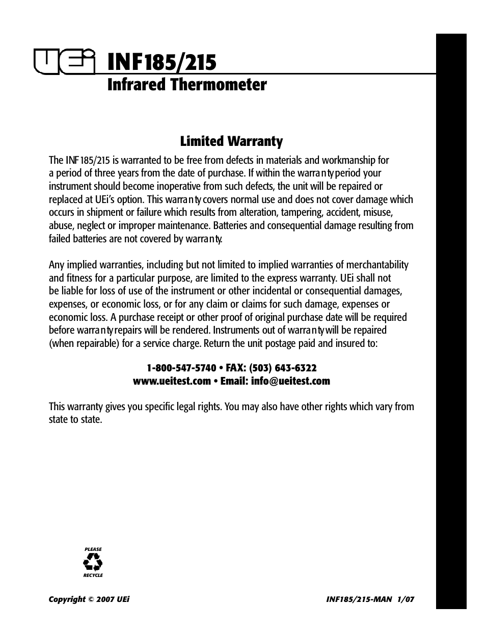 Infrared thermometer, Limited warranty | UEi Test Instruments INF215 User Manual | Page 6 / 6