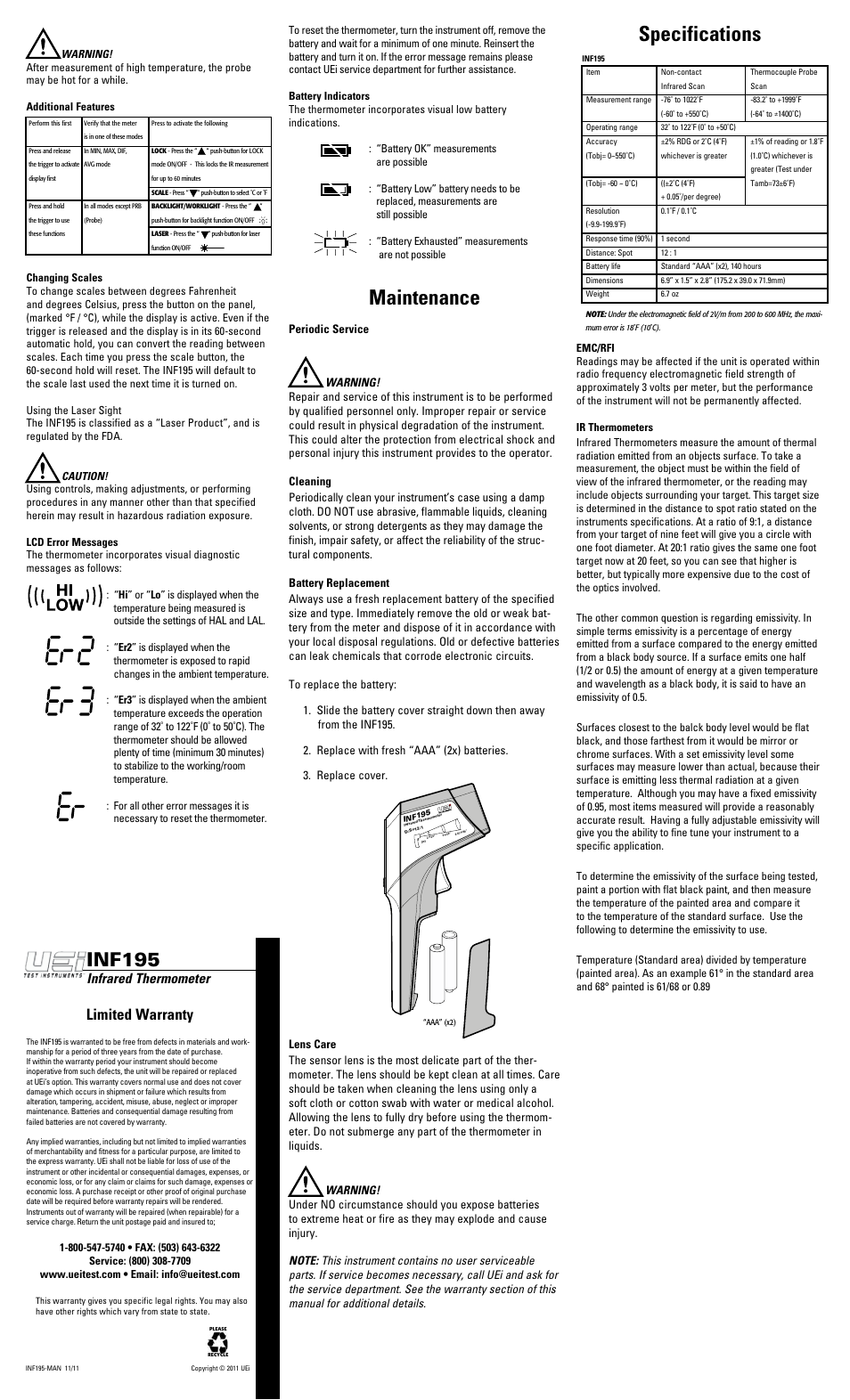 Maintenance, Specifications, Inf195 | Limited warranty, Infrared thermometer | UEi Test Instruments INF195 User Manual | Page 2 / 2