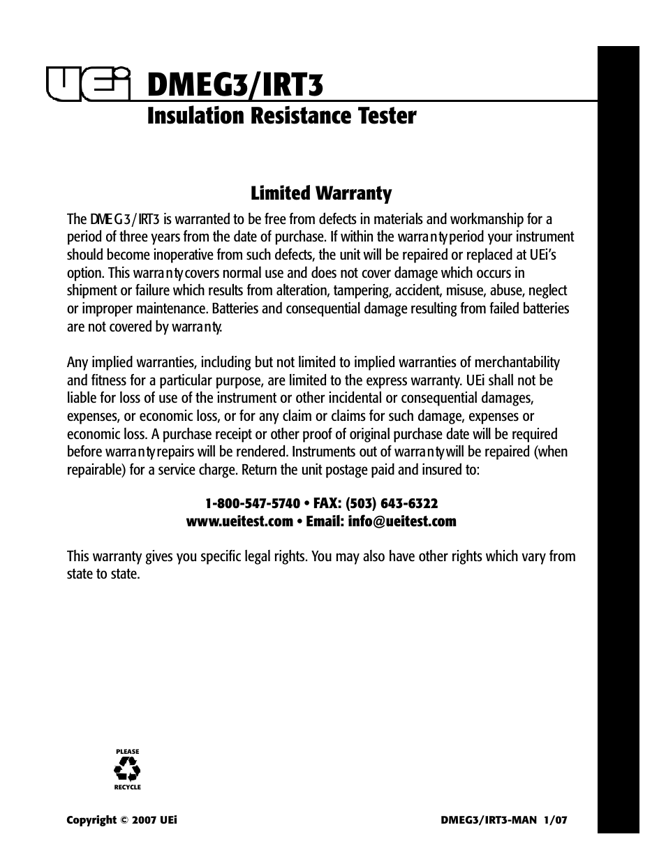 Dmeg3/irt3, Insulation resistance tester, Limited warranty | UEi Test Instruments DMEG3 User Manual | Page 12 / 12
