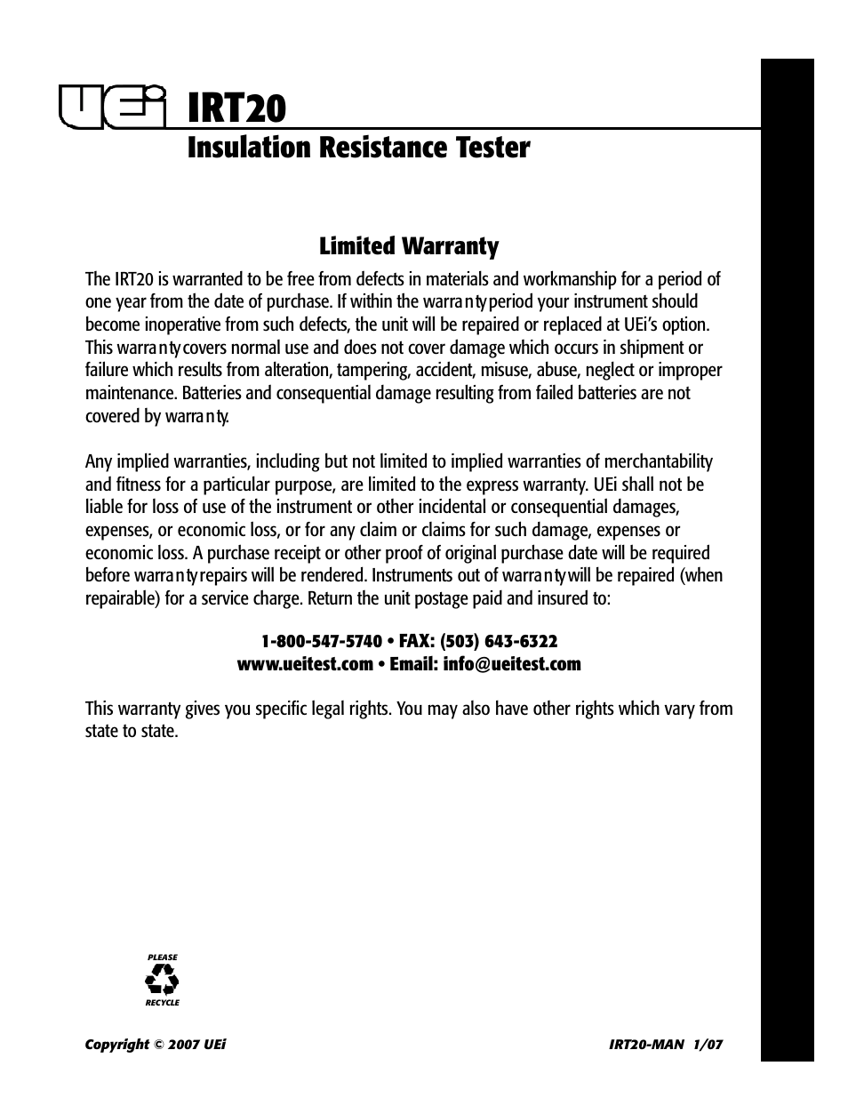 Irt20, Insulation resistance tester, Limited warranty | UEi Test Instruments IRT20 User Manual | Page 4 / 4