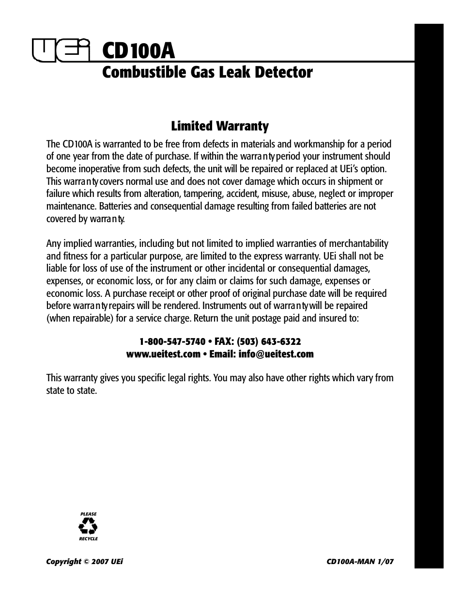 Cd100a, Combustible gas leak detector, Limited warranty | UEi Test Instruments CD100A User Manual | Page 4 / 4