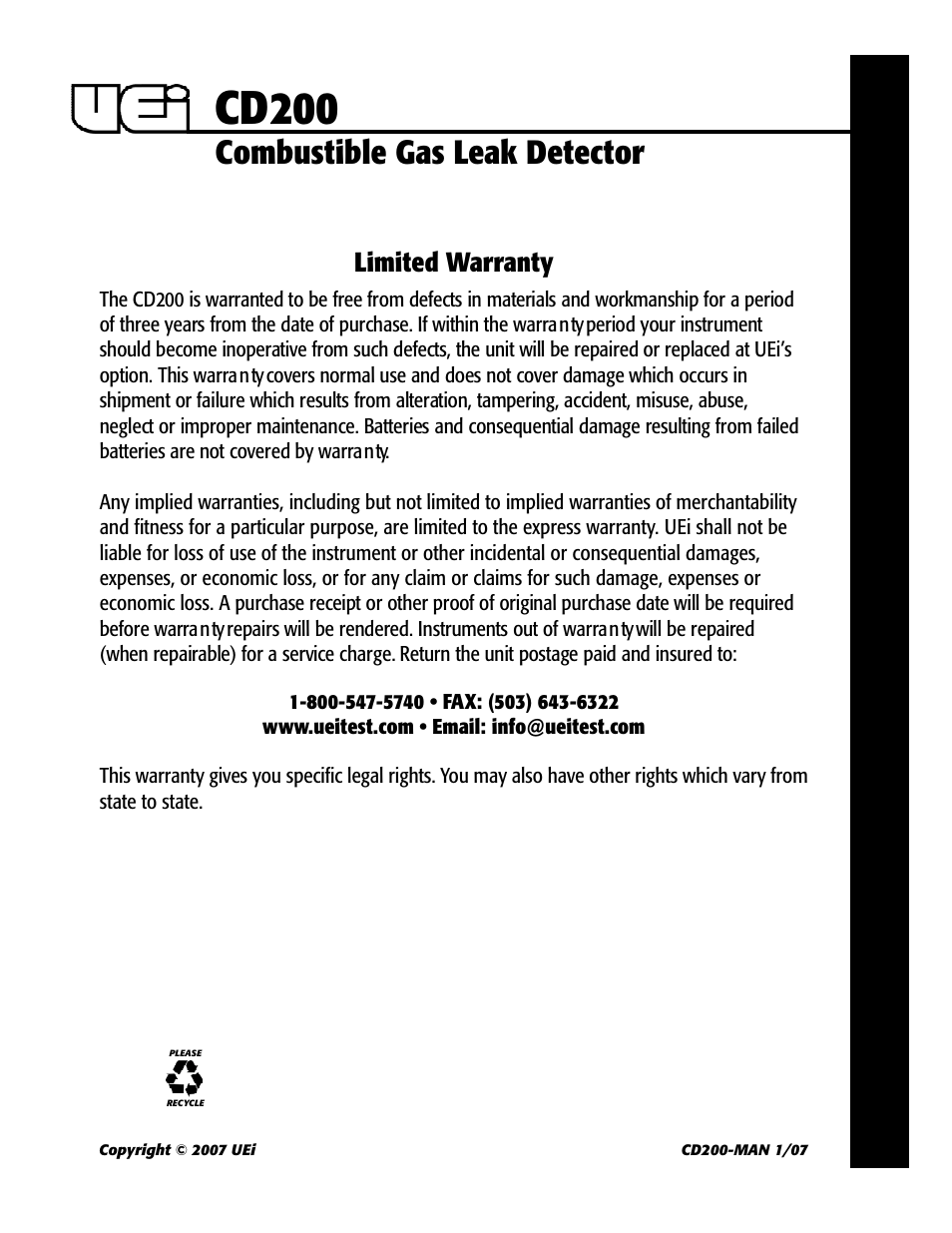Cd200, Combustible gas leak detector, Limited warranty | UEi Test Instruments CD200 User Manual | Page 6 / 6