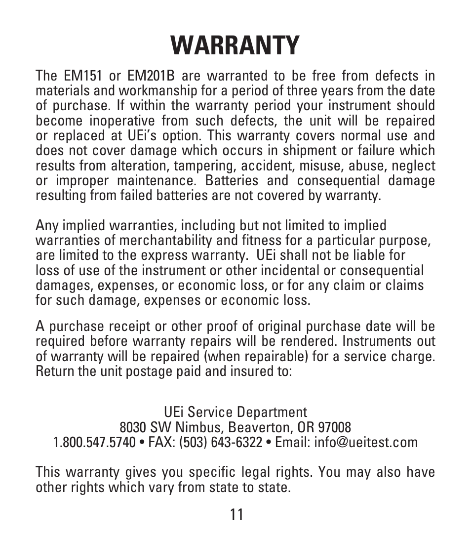 Warranty | UEi Test Instruments EM201B User Manual | Page 11 / 12