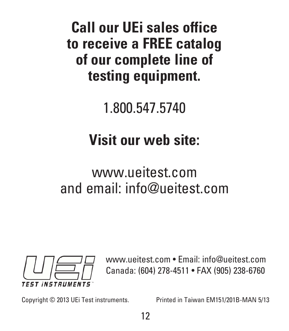 UEi Test Instruments EM201B User Manual | Page 12 / 12