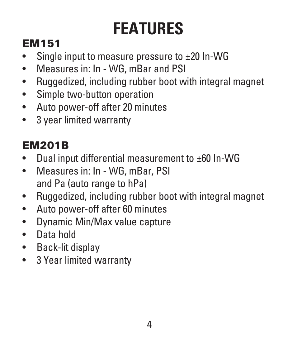 Features | UEi Test Instruments EM201B User Manual | Page 4 / 12