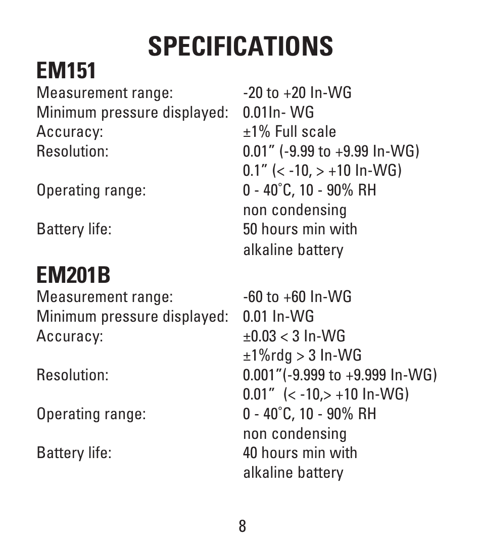 Specifications, Em151, Em201b | UEi Test Instruments EM201B User Manual | Page 8 / 12