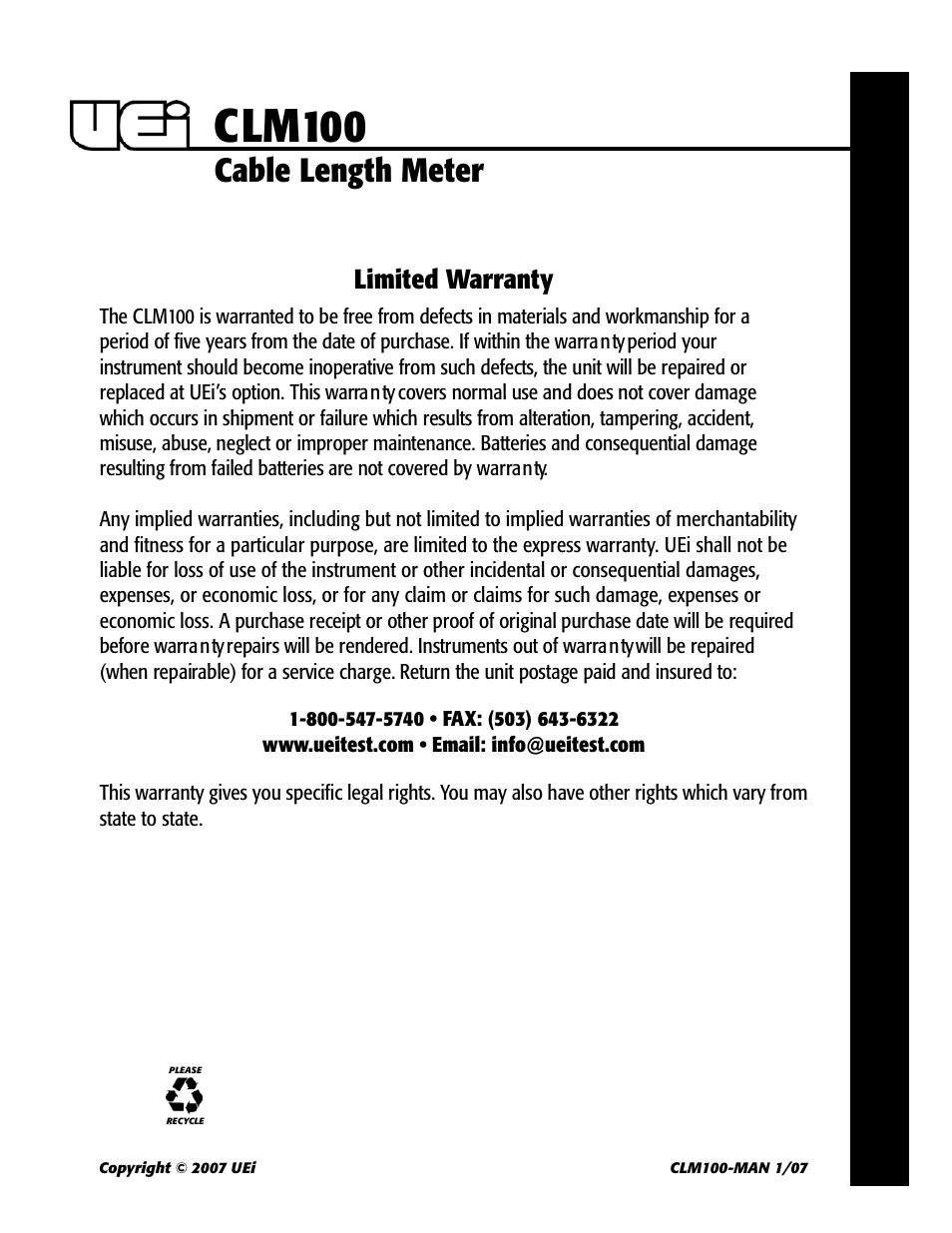 Clm100, Cable length meter, Limited warranty | UEi Test Instruments CLM100 User Manual | Page 4 / 4