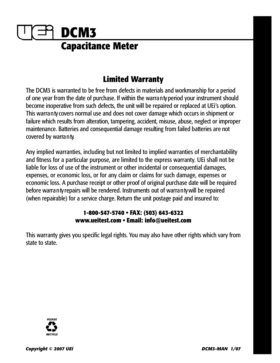 Dcm3, Capacitance meter, Limited warranty | UEi Test Instruments DCM3 User Manual | Page 4 / 4