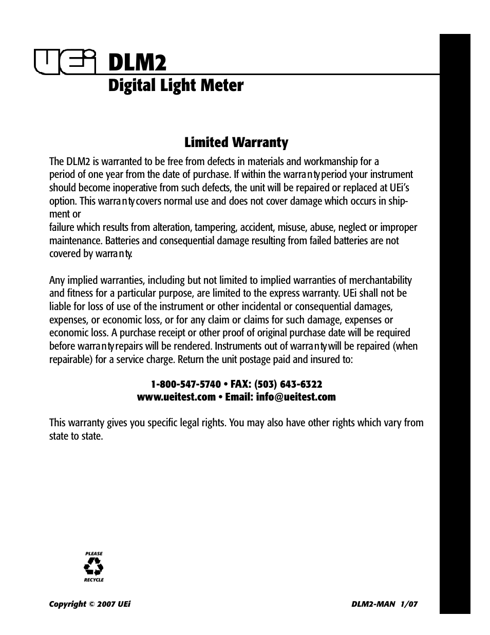 Dlm2, Digital light meter, Limited warranty | UEi Test Instruments DLM2 User Manual | Page 5 / 5