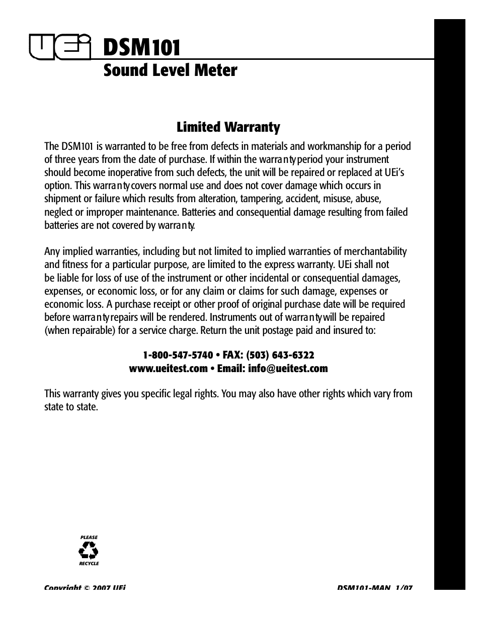 Dsm101, Sound level meter, Limited warranty | UEi Test Instruments DSM101 User Manual | Page 5 / 5
