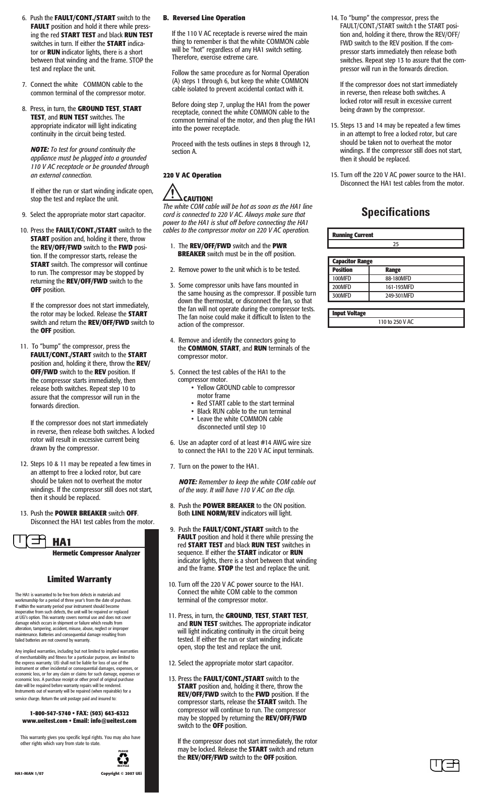 Specifications | UEi Test Instruments HA1 User Manual | Page 2 / 2