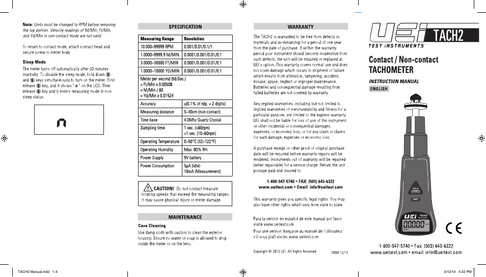 UEi Test Instruments TACH2 User Manual | 2 pages