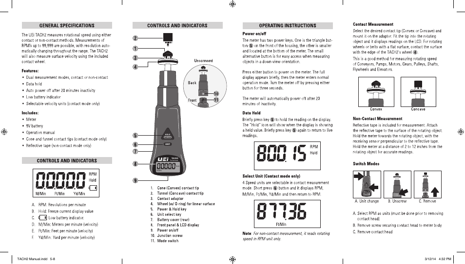 Hold power unit m/min hold tach2 tachometer | UEi Test Instruments TACH2 User Manual | Page 2 / 2