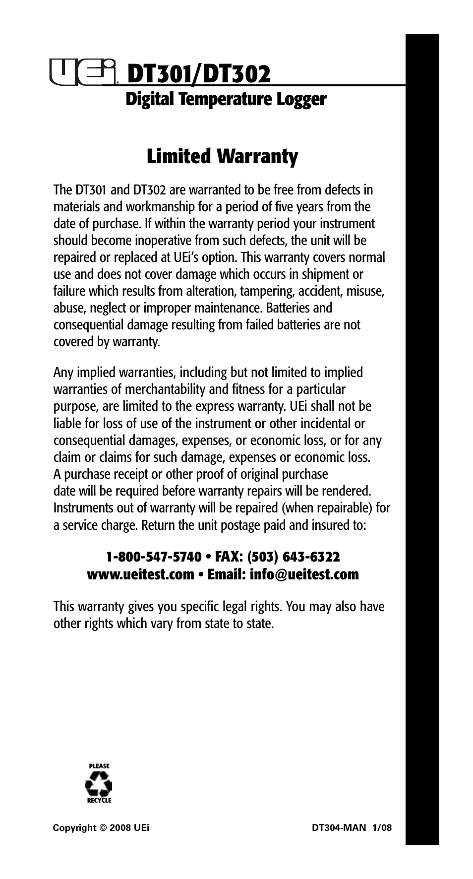 Limited warranty, Digital temperature logger | UEi Test Instruments DT302 User Manual | Page 20 / 20