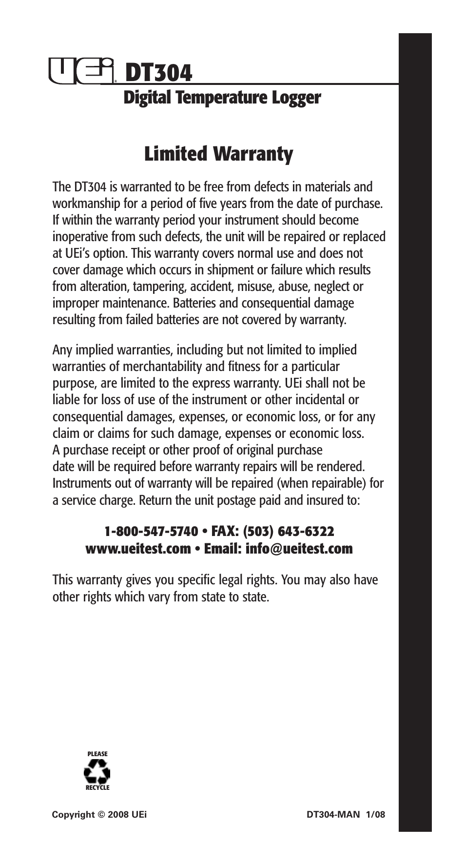 Dt304, Limited warranty, Digital temperature logger | UEi Test Instruments DT304 User Manual | Page 20 / 20